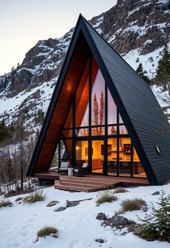 -frame house in snowy mountains with illuminated interior.