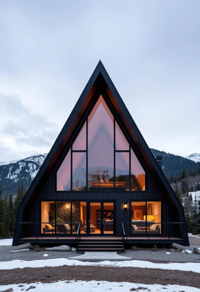 Black A-frame house with large windows and mountain view.