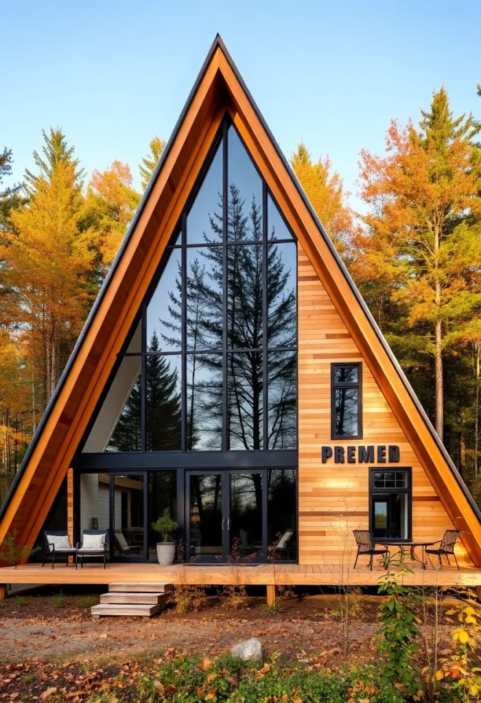 Wood A-frame house with personalized "PREMED" sign and fall foliage.