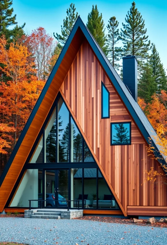 A-frame house with vertical wood siding and asymmetrical windows.