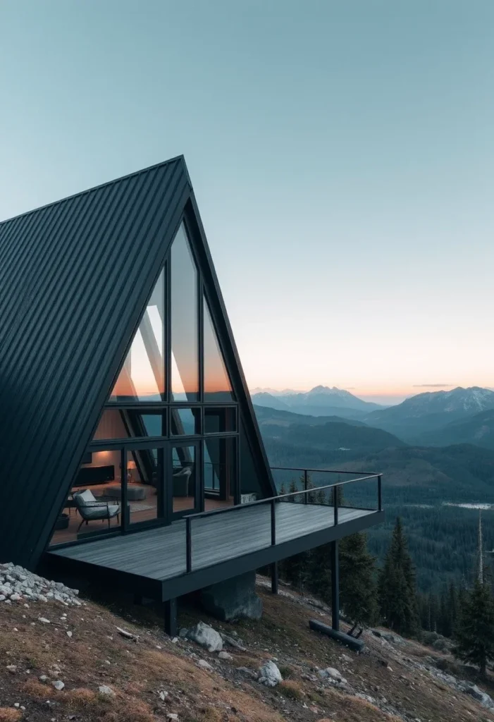 A-frame cabin with large deck and mountain views.