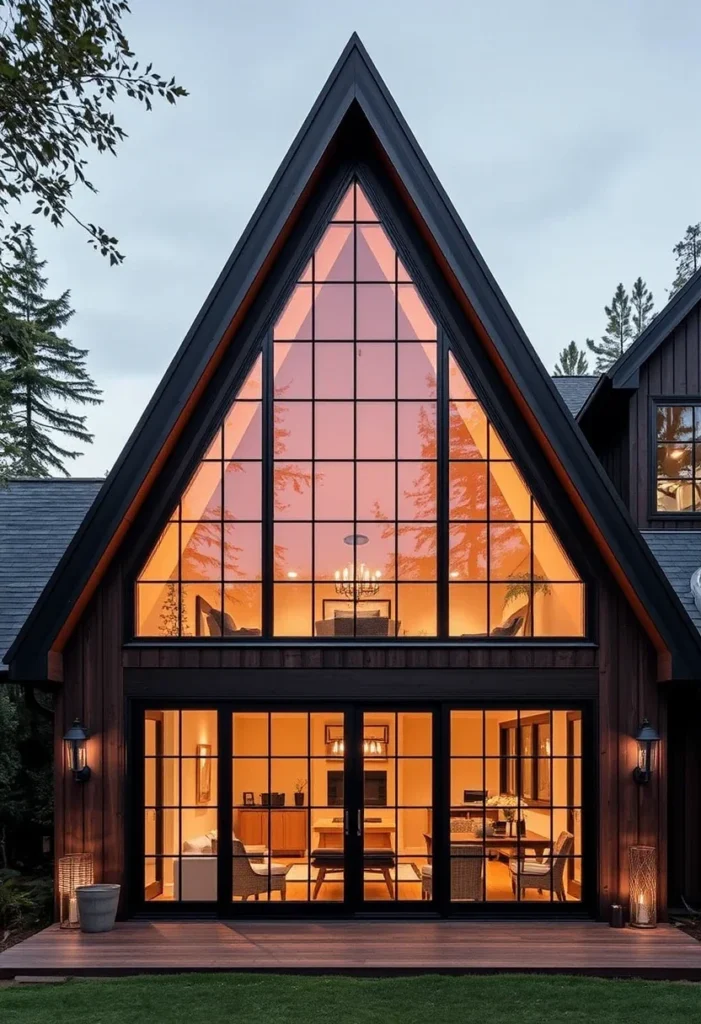 A-frame house with large multi-paned windows and glowing interior.