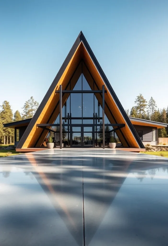 Modern symmetrical A-frame house with large concrete patio.