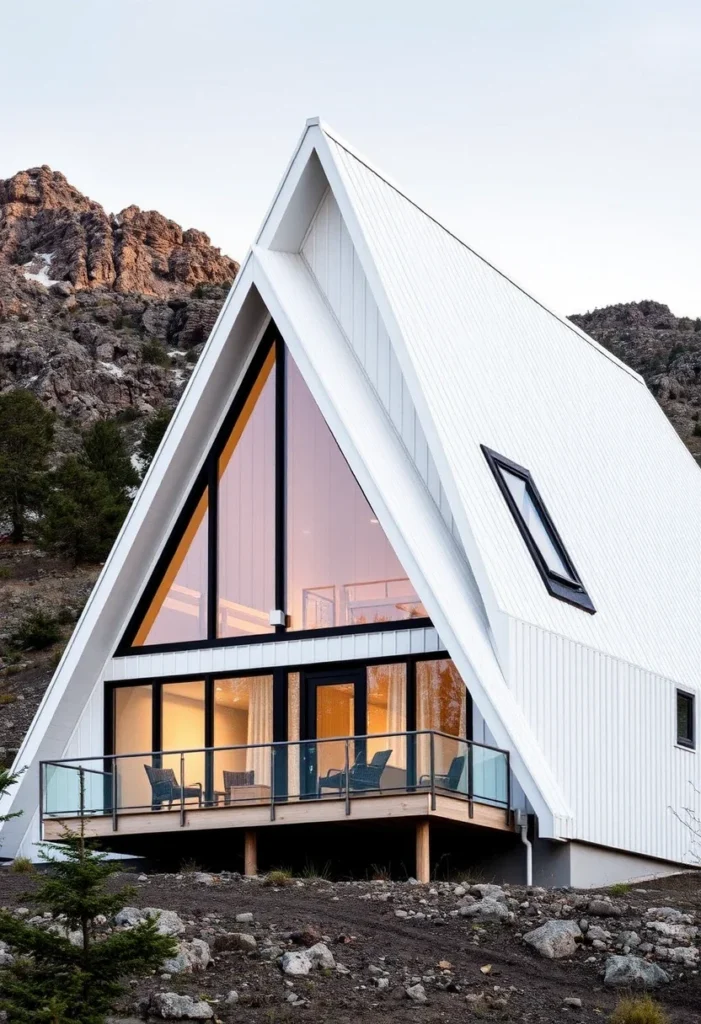 White A-frame house with glass railing deck and mountain views.