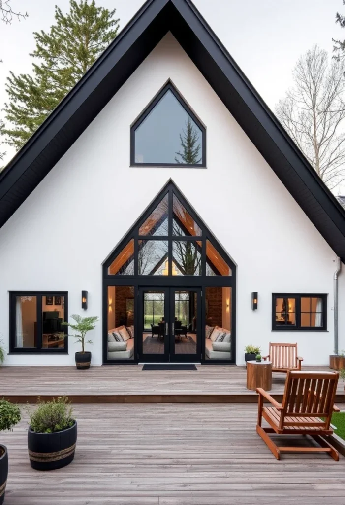 Black and white A-frame house with large wooden deck - modern farmhouse style.