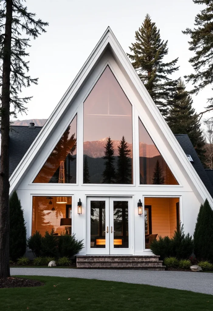 White A-frame cabin with large windows and symmetrical design.