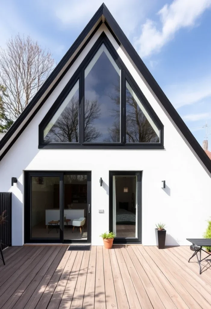 White A-frame house with black trim and large wooden deck, bungalow influence.