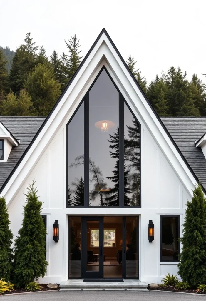 White A-frame house with board-and-batten siding and symmetrical landscaping.