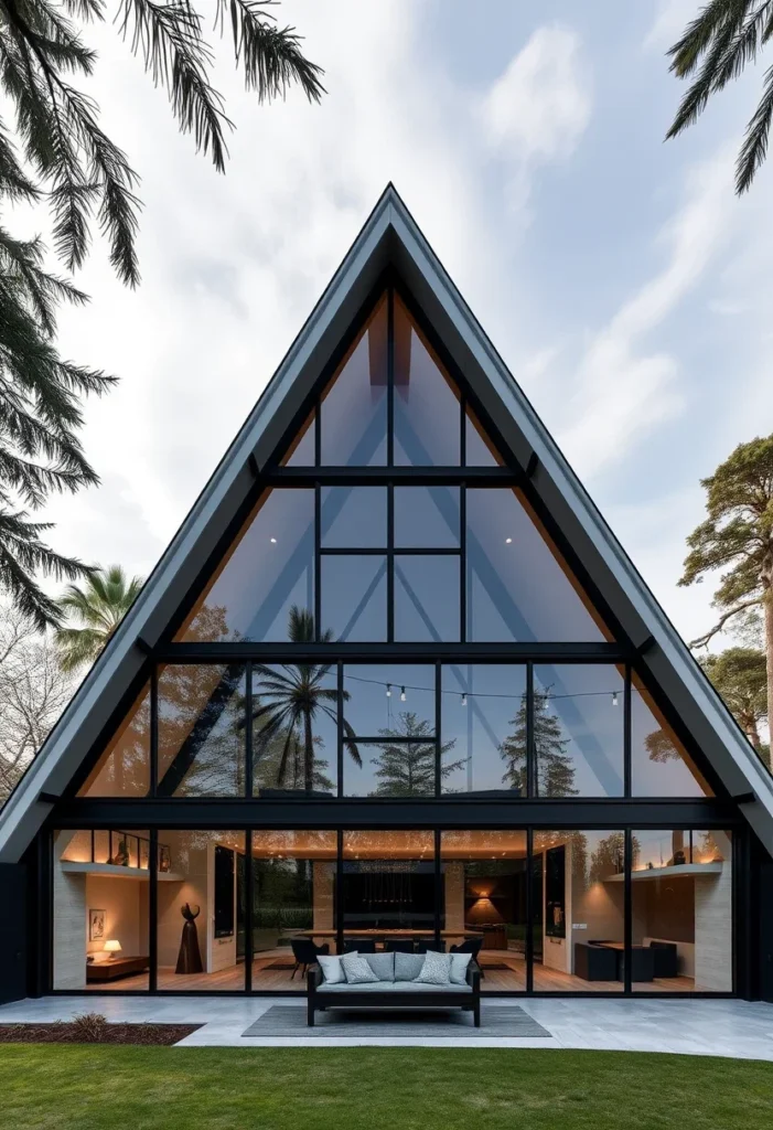 A-frame house with full glass front and palm tree surroundings.