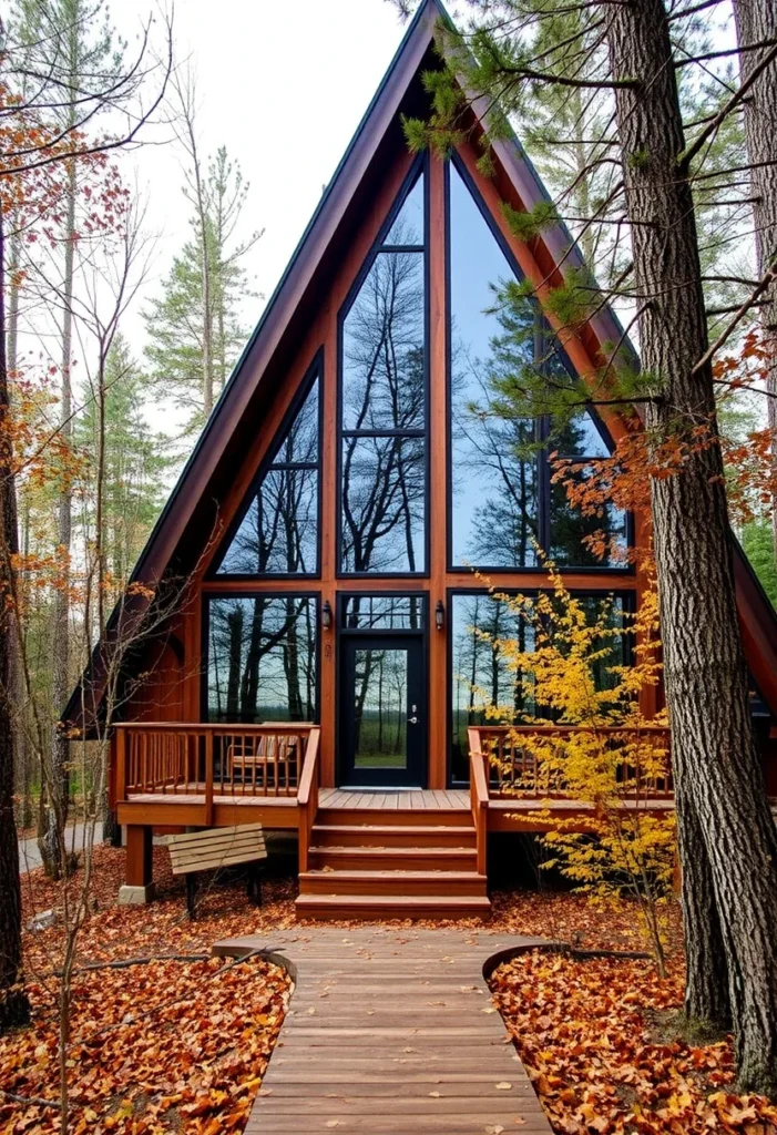 Wooden A-frame cabin surrounded by autumn leaves and trees.