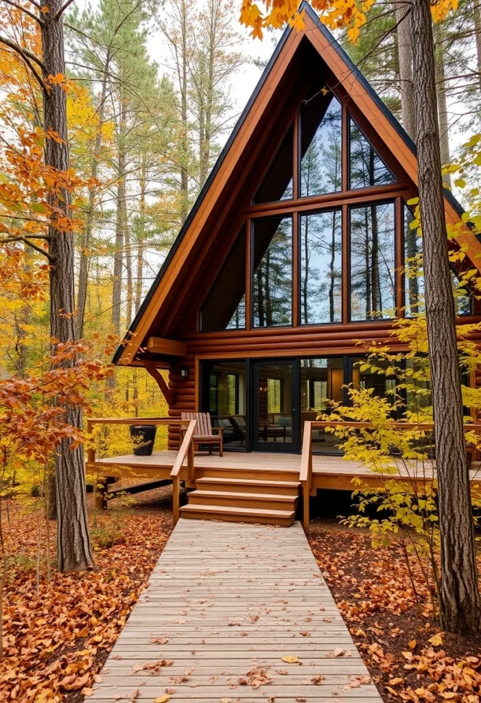 Log cabin A-frame with wooden walkway and fall foliage.