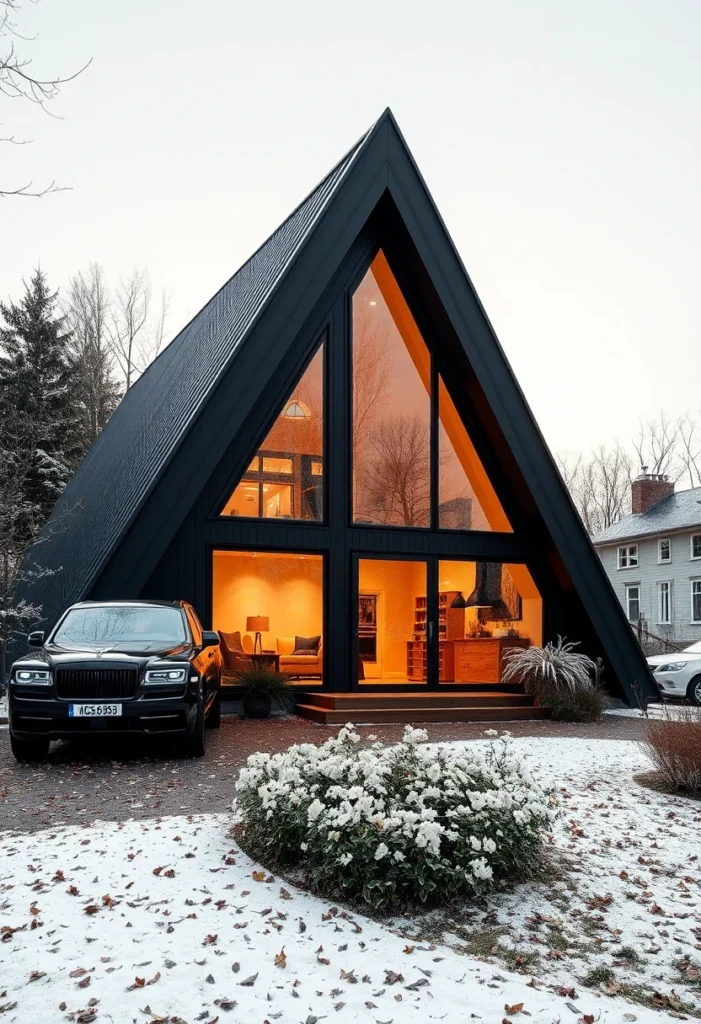 Black A-frame house design with glowing interior windows.