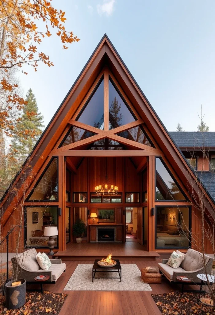 A-frame cabin with open front, fireplace, and outdoor seating.