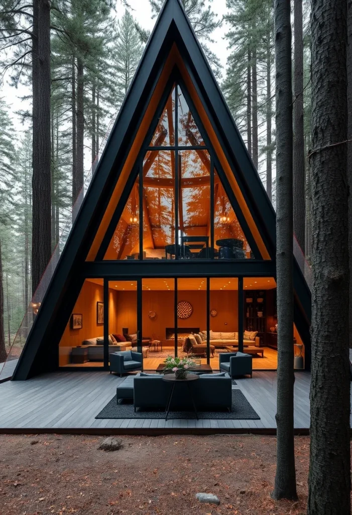 Modern black A-frame cabin in forest with large windows.