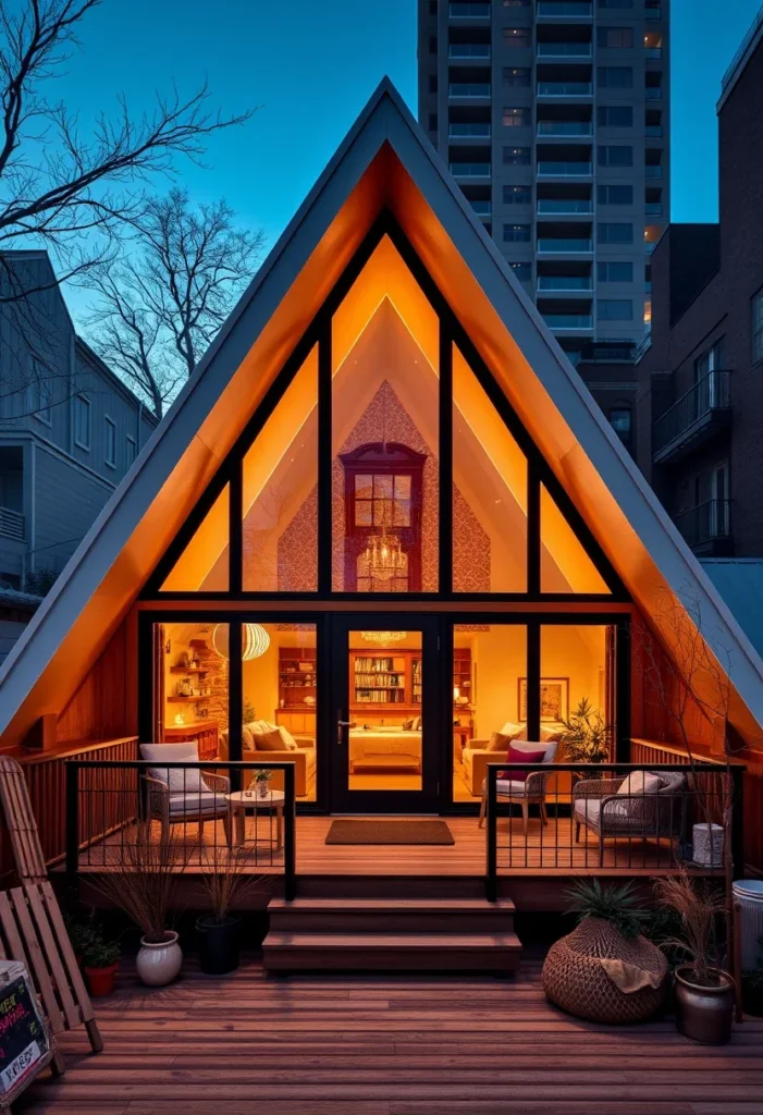 Urban A-frame house with glowing interior and front deck.