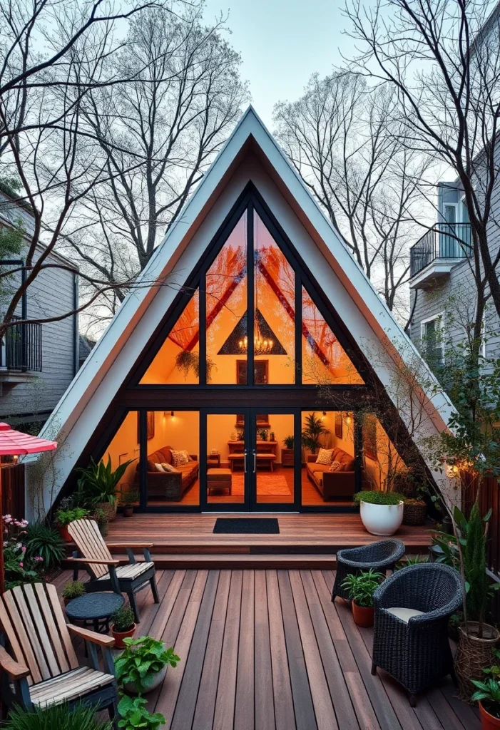 A-frame cabin with large wooden deck in a residential backyard.