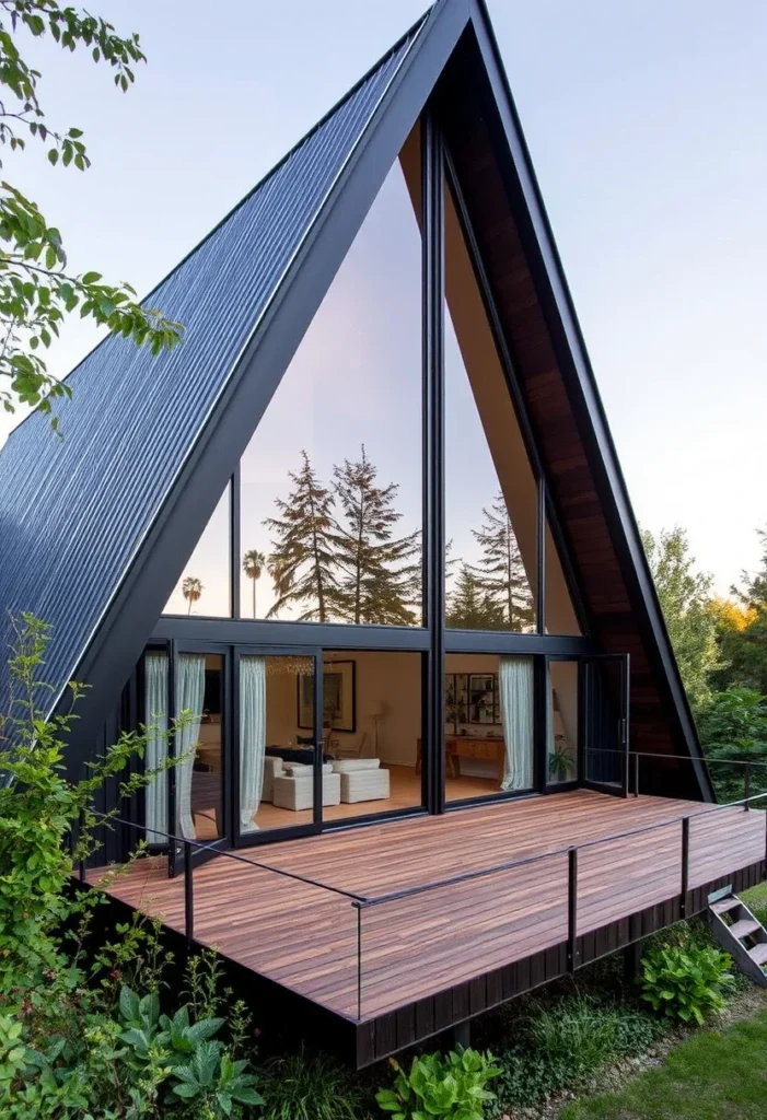 A-frame cabin with large multi-level deck and floor-to-ceiling windows.