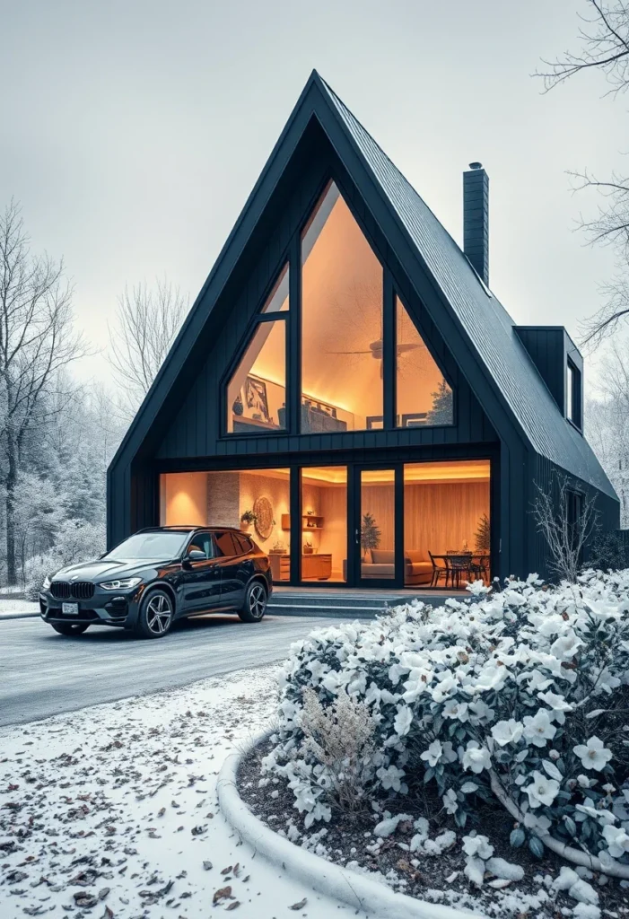 Black A-frame cabin in snowy winter landscape.