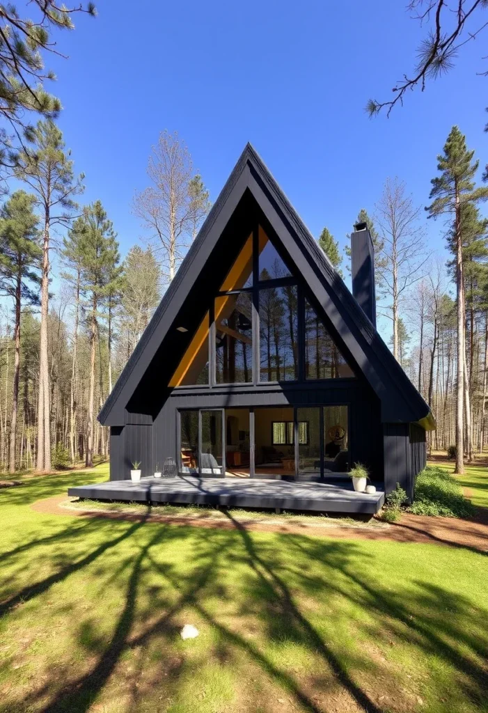 Black A-frame house in sunny forest clearing.