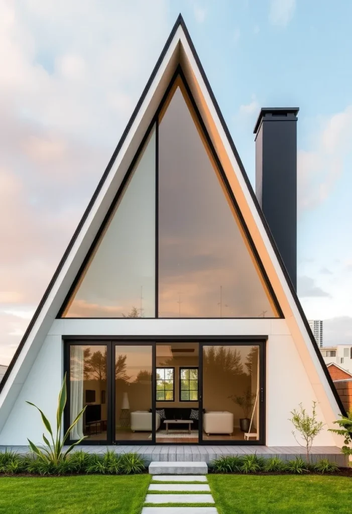 Modern white A-frame cabin with black trim and concrete pathway.