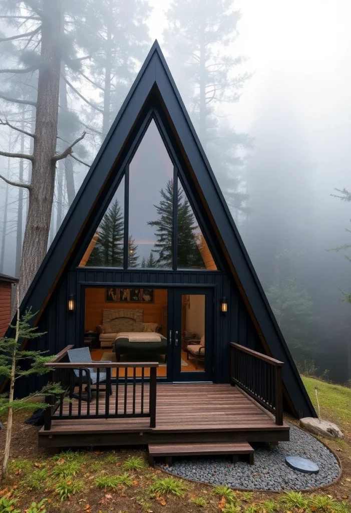 Black A-frame cabin in misty forest with wooden deck.