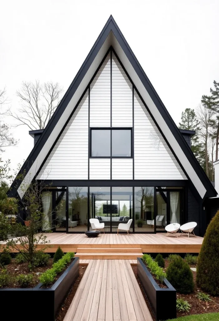 Black and white A-frame house with large wooden deck and walkway - Scandinavian style.