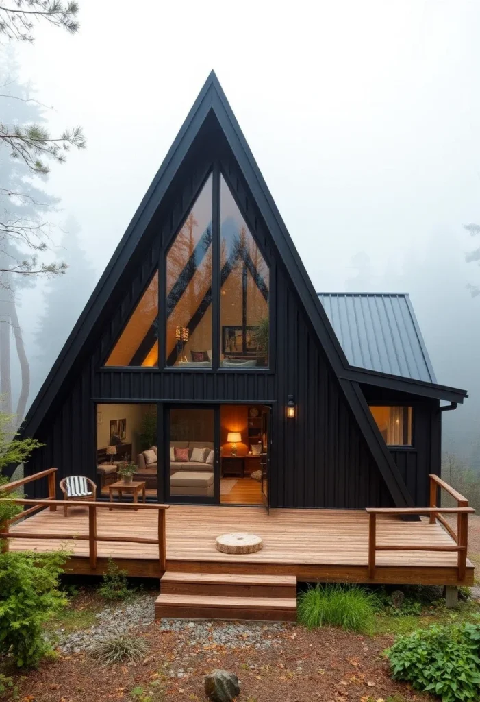 Black A-frame cabin with wrap-around wooden deck.