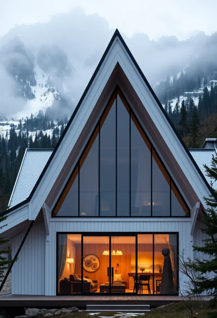 White A-frame house in snowy mountains with large windows.