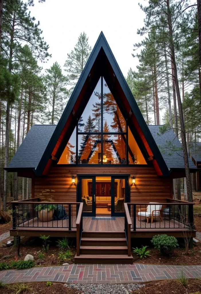 Wooden A-frame cabin surrounded by pine trees with brick pathway.