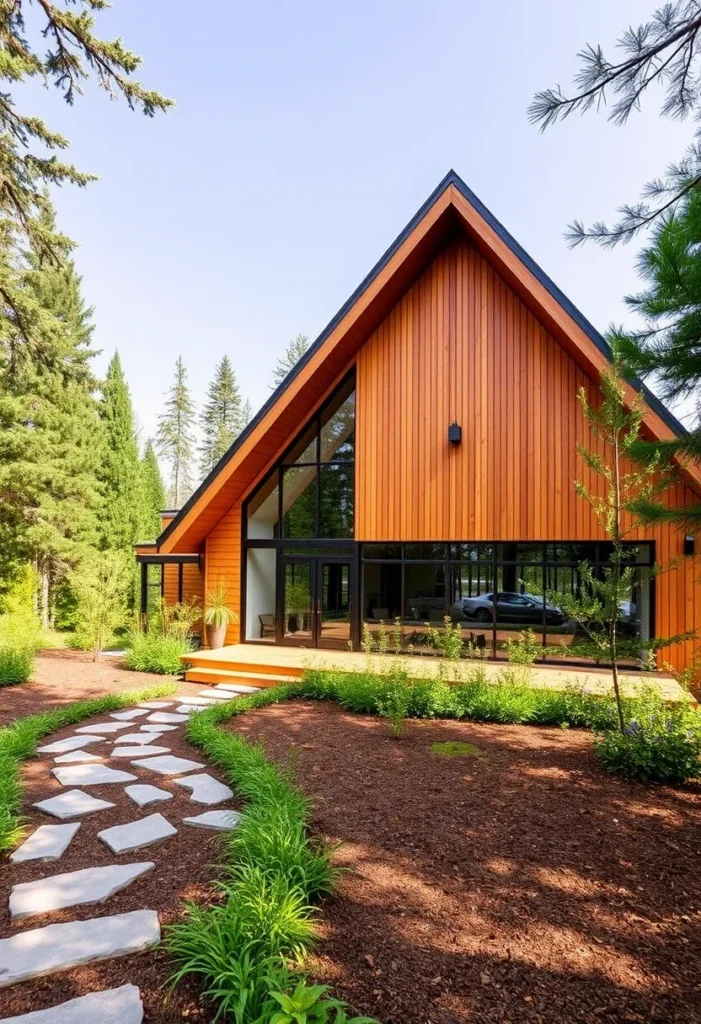 Modern Nordic A-frame house with wood siding and stone pathway.