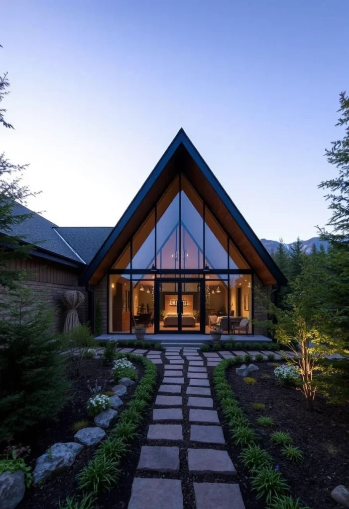 A-frame house with glass front and stone pathway.