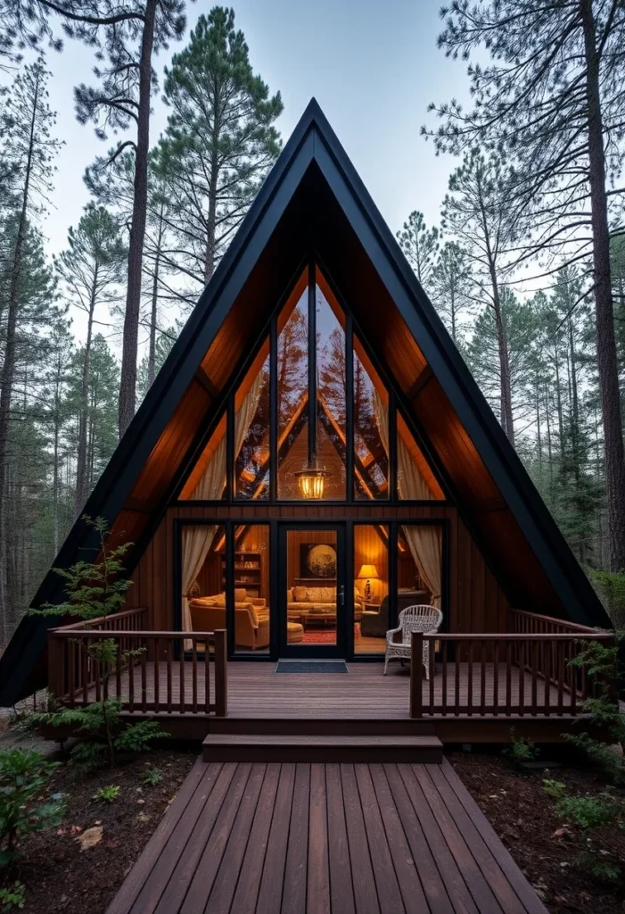 A-frame cabin nestled among tall pine trees.