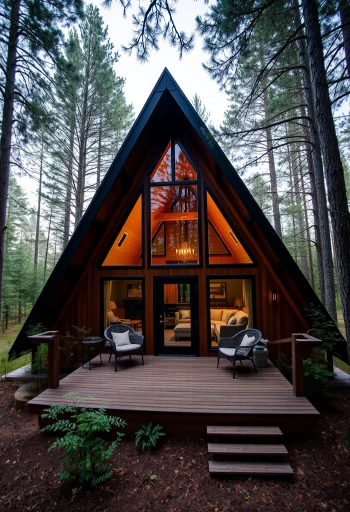 A-frame cabin with illuminated windows and front deck.