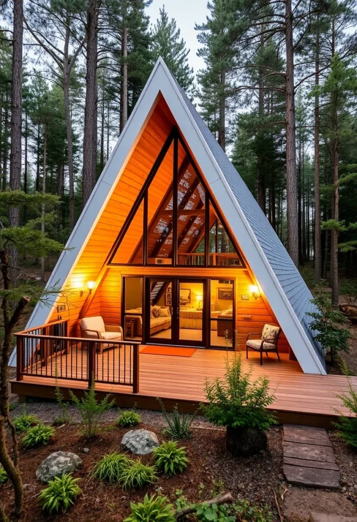 Warmly lit A-frame cabin with white roof and wooden deck.