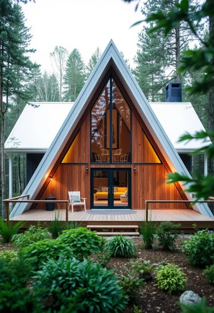 A-frame cabin with white roof, wood siding, and surrounding greenery.