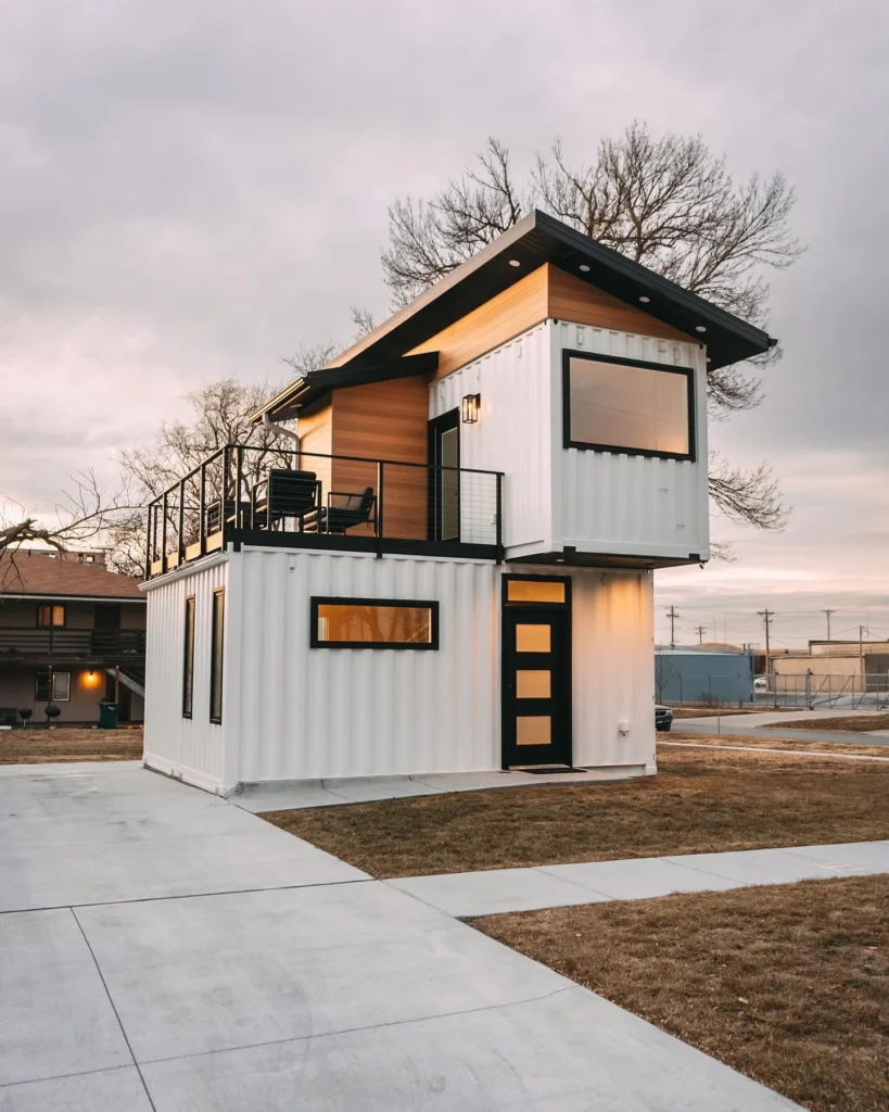 White two-story shipping container home with modern minimalist design.