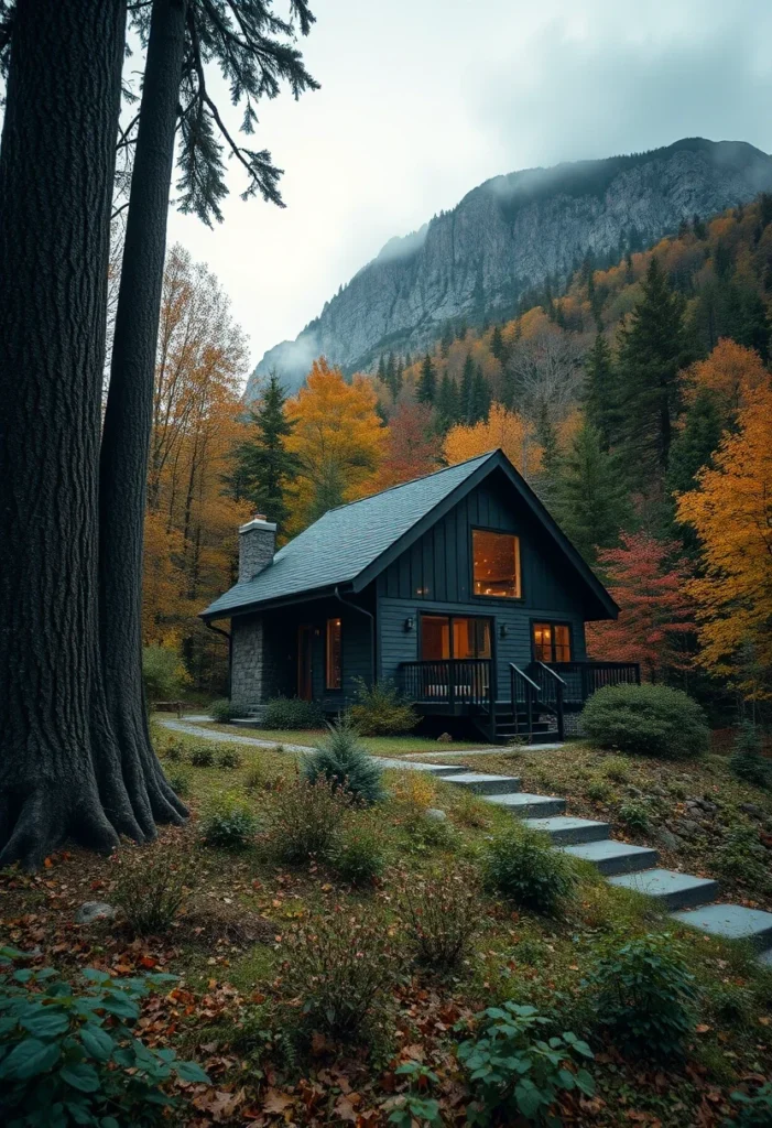 Modern tiny house with stone accents, cozy nature getaway.