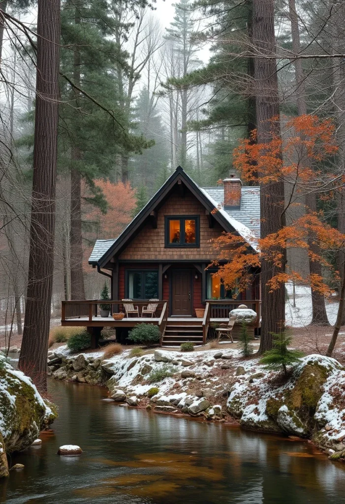 Cozy waterside cottage tiny house, a winter nature escape.