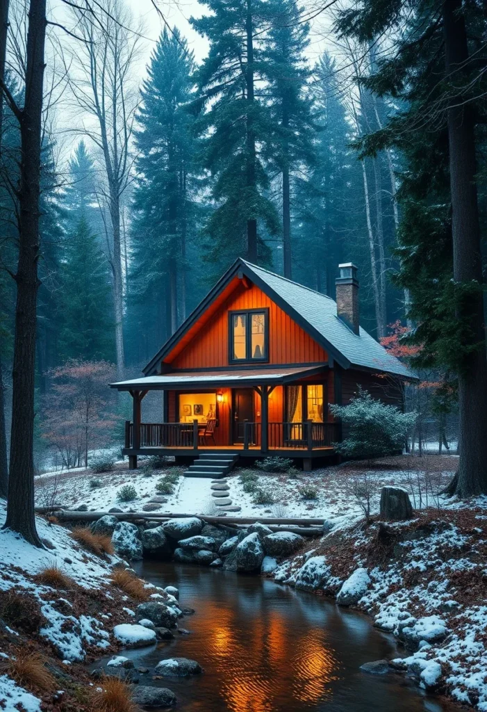 Cozy riverside tiny house in winter, a nature lover's dream.