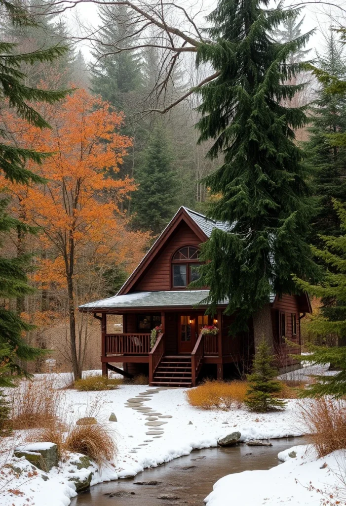 Red wood tiny house in winter, a cozy nature retreat.