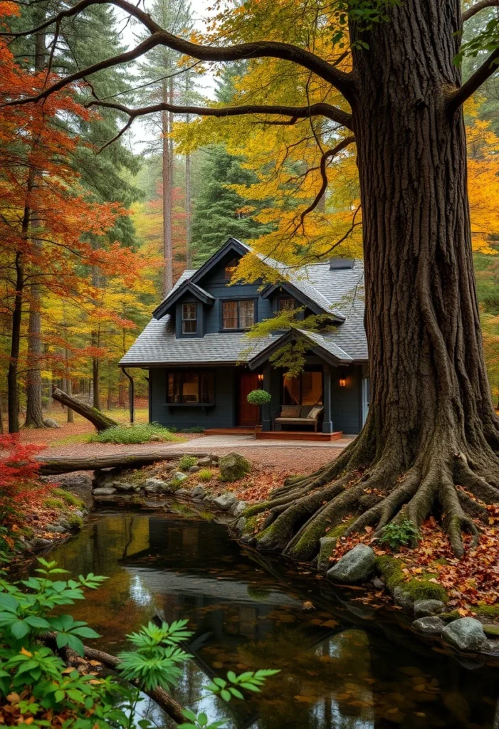 Tiny house nestled by a stream, immersive nature experience.