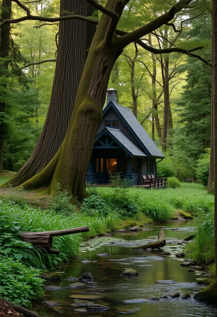 Secluded tiny house in the forest, by a stream, nature escape.