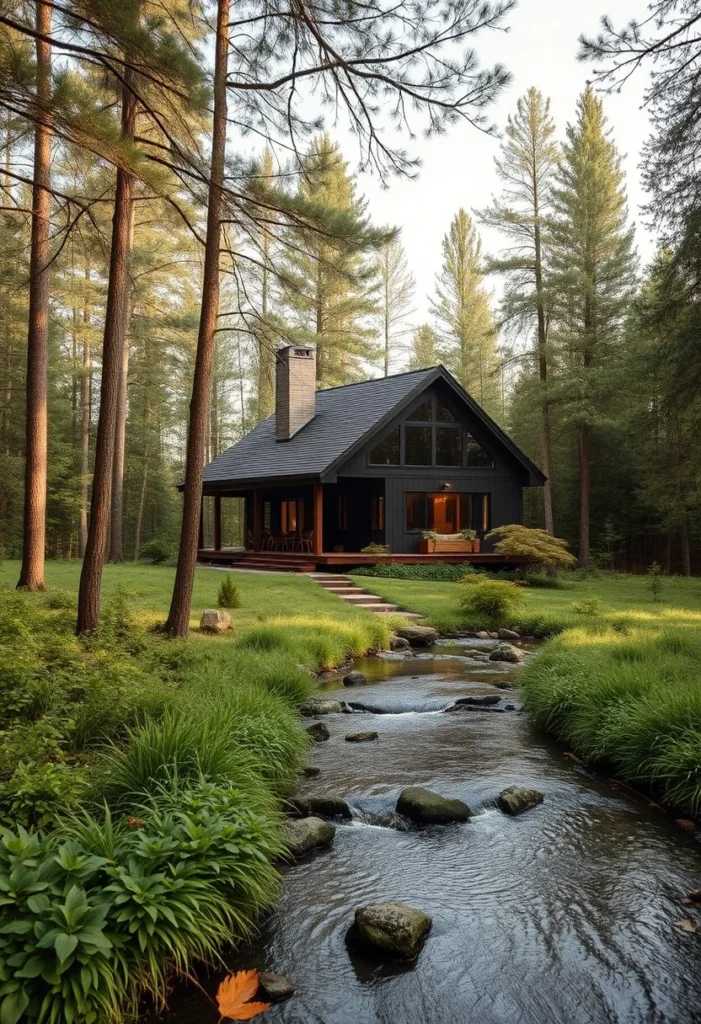 Modern black tiny house by a stream, ultimate nature getaway.