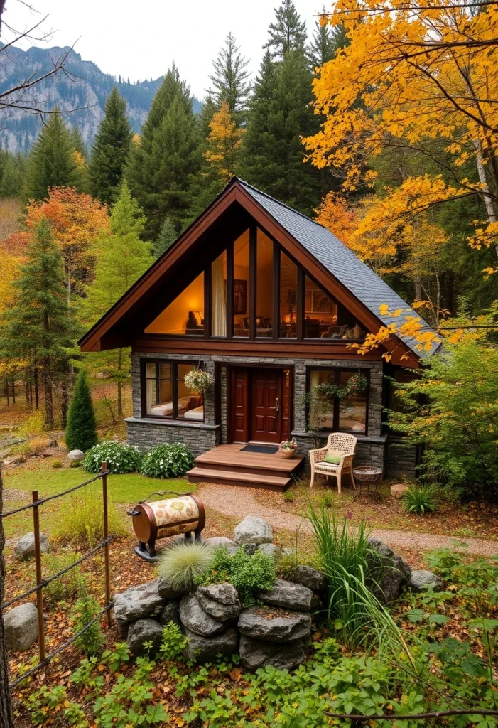 Stone and wood tiny house, cozy nature lover's escape.