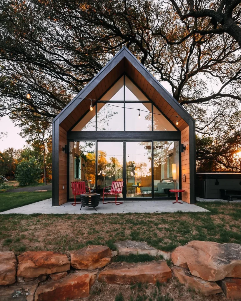 Stunning cabin house designs with large windows and lake views.