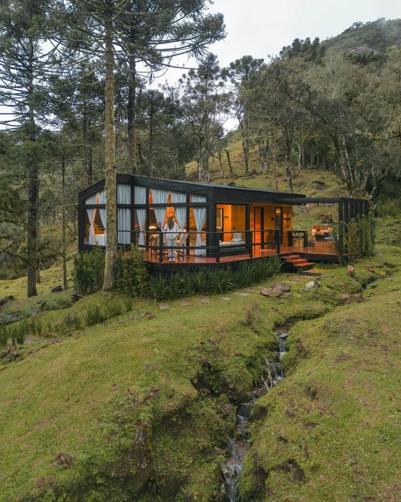 Hillside stunning house design with stream and forest views.