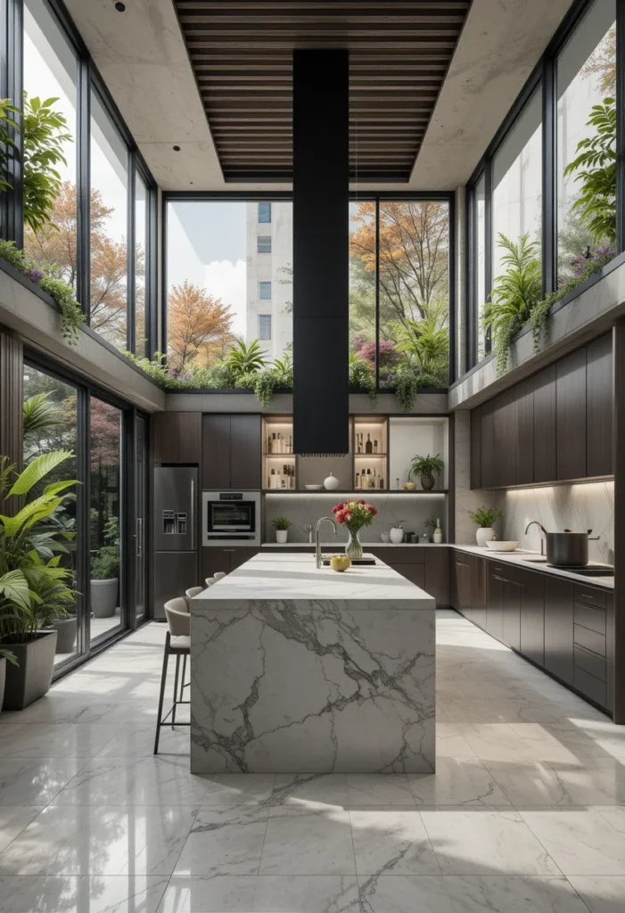 Modern Kitchen, Marble Island, Dark Wood Cabinets, Bright Space