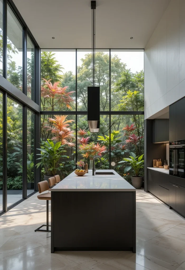 Modern Kitchen with Garden View, Bright, Airy, Dark Cabinets