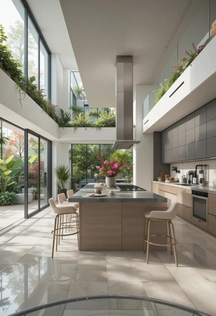 Bright Modern Kitchen, Open Shelving, Multi-Level Windows