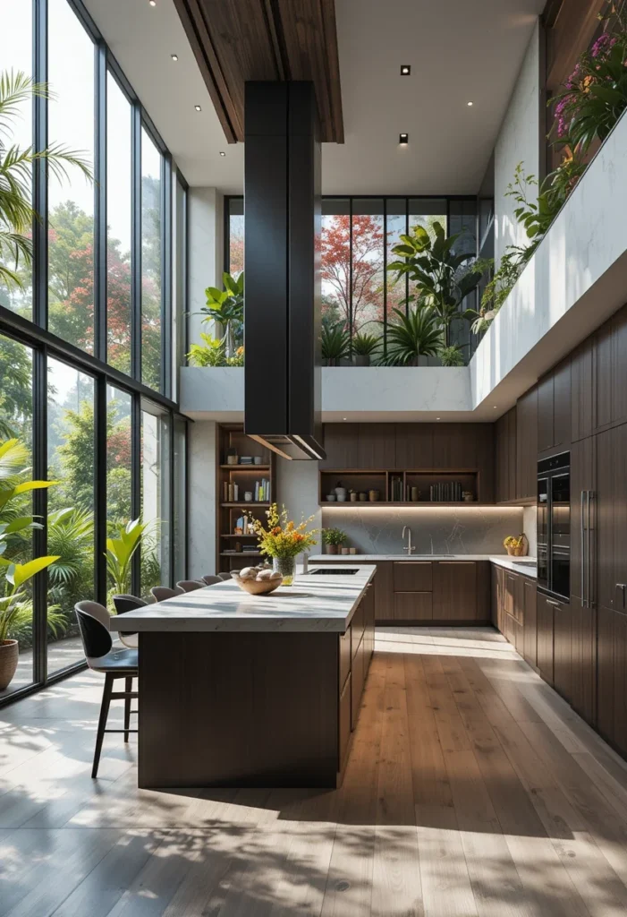 Modern Kitchen, High Ceilings, Wood Tones, Bright and Airy